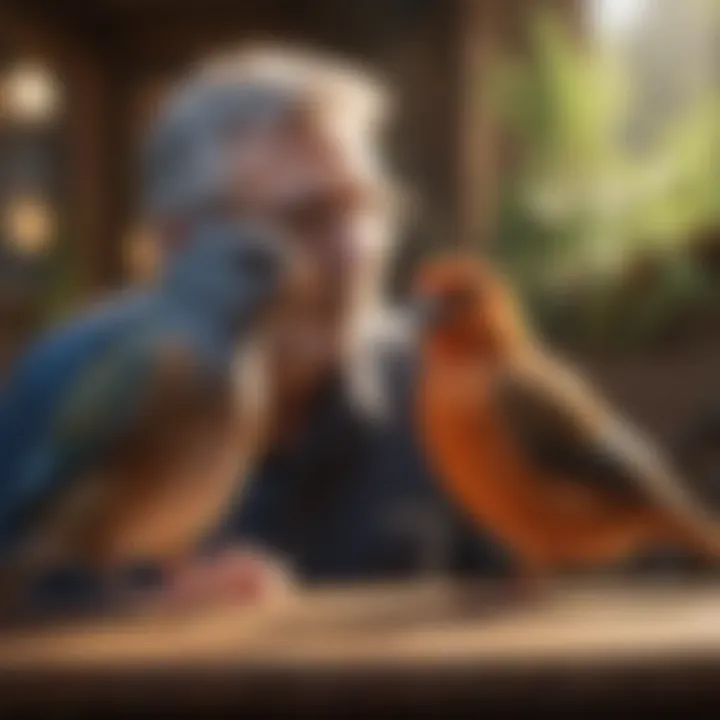 Bird owner engaging with their feathered companion, showcasing interaction