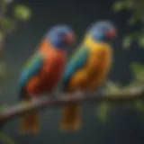 Colorful pet birds perched on a branch