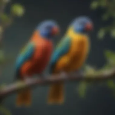 Colorful pet birds perched on a branch