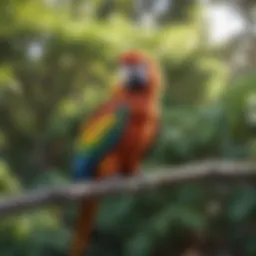 A vibrant parrot perched on a branch in a sunny Austin backyard.