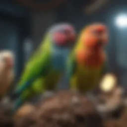 Colorful parakeets in a vibrant environment