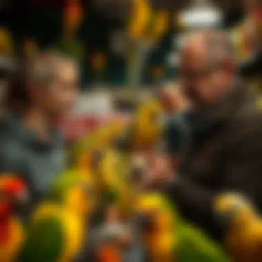 A knowledgeable shopkeeper assisting a customer in choosing a pet bird