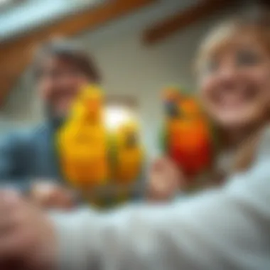 Happy bird owners at home with their new feathered friends