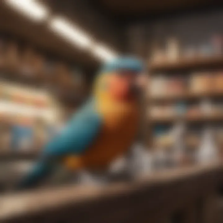 A cozy corner of a pet bird store with bird care supplies