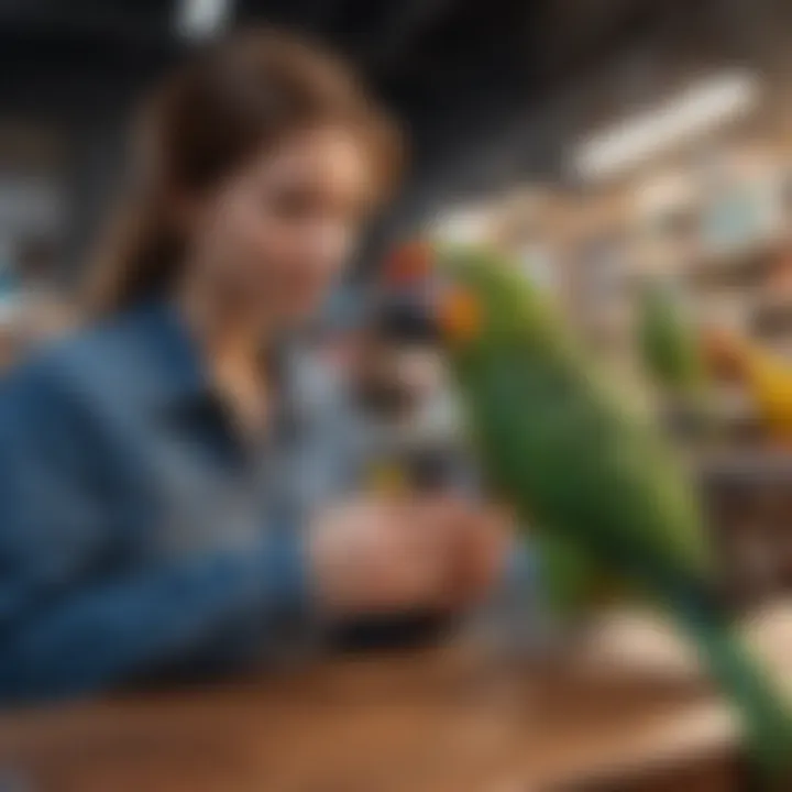 A prospective bird owner interacting with a parrot in a shop