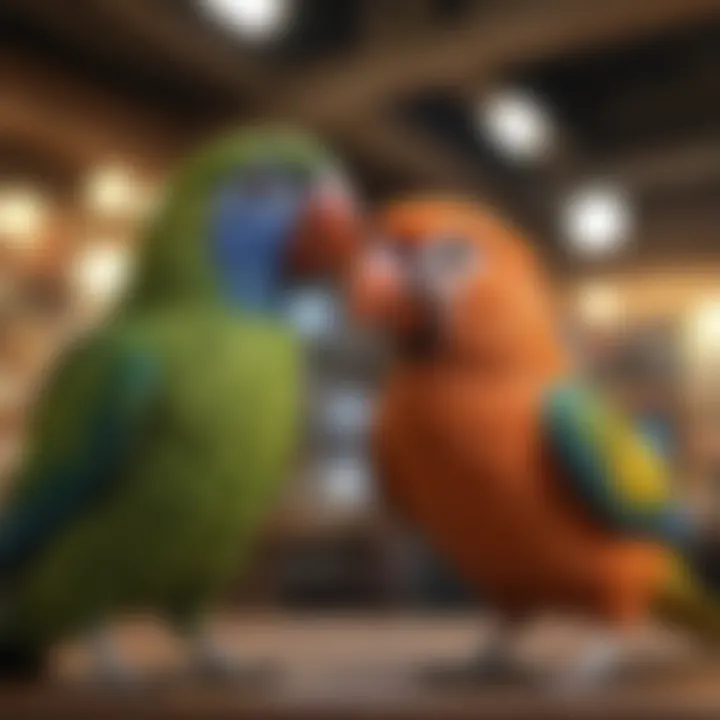 A vibrant collection of pet birds on display in a Toronto store