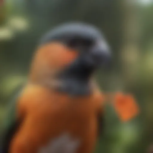 A close-up of a sleek pet bird tracking device attached to a colorful bird's collar