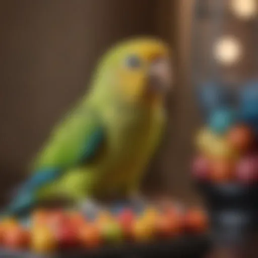 A vibrant parakeet perched on a colorful toy in its cage