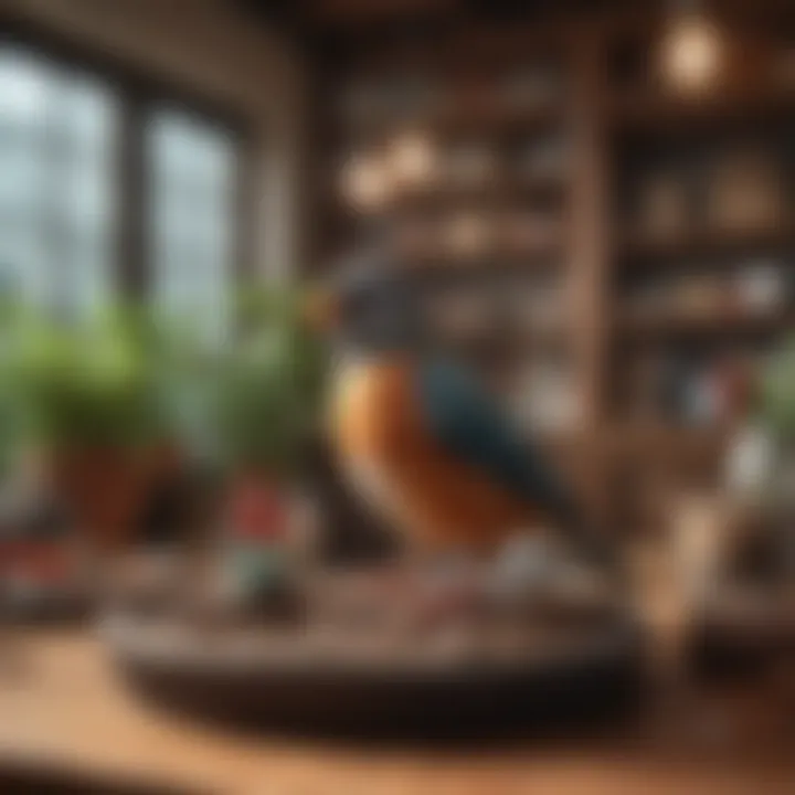 A cozy setup for a pet bird showcasing an enriched environment