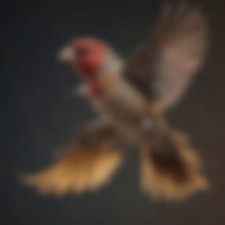 An elegant finch in flight, highlighting its distinctive tail plume.