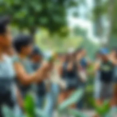 A community bird-watching event in a park, with enthusiasts observing various species