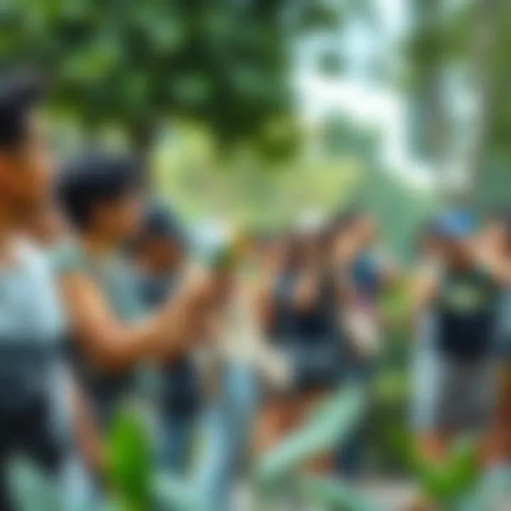 A community bird-watching event in a park, with enthusiasts observing various species