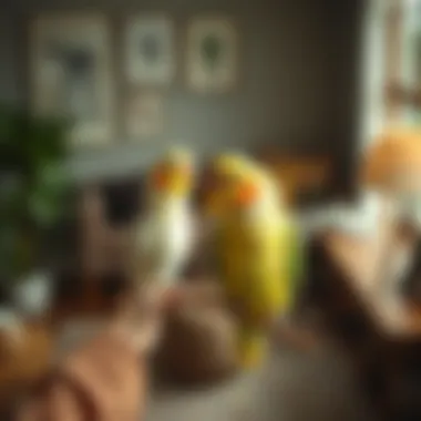 An engaging scene of a pet bird owner interacting with their cockatiel in a lively living room setting