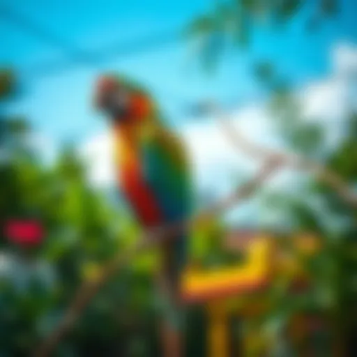 A vibrant parrot perched on a branch in a lush Singaporean garden