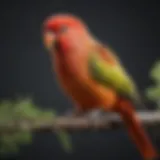 Close-up of a vibrant red parakeet perched on a branch, highlighting its striking feathers.