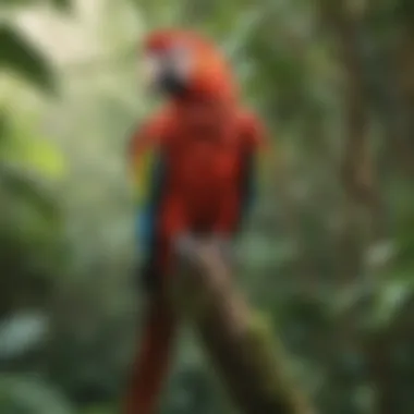 A serene scene of a scarlet macaw in a lush tropical habitat, showcasing its brilliant plumage.