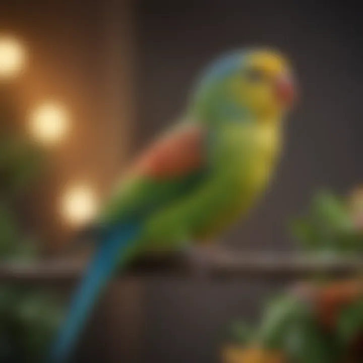 A vibrant parakeet perched gracefully, showcasing its long tail feathers.