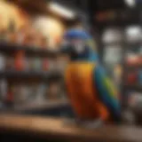 Colorful exotic birds in a pet shop display