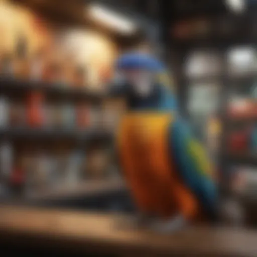 Colorful exotic birds in a pet shop display