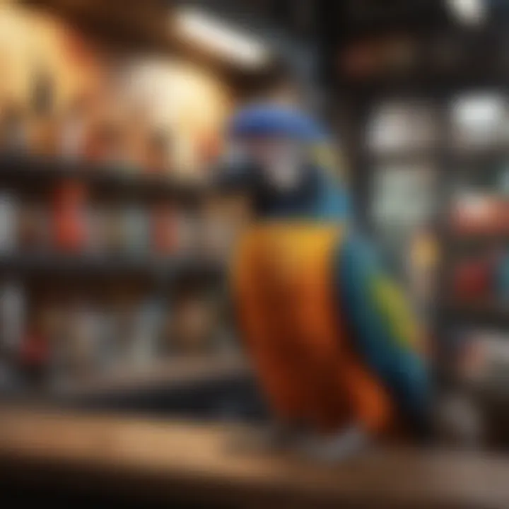Colorful exotic birds in a pet shop display