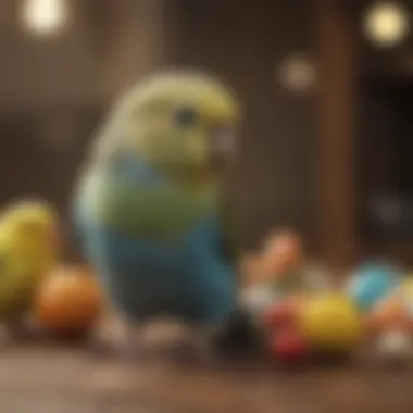 A playful budgerigar interacting with toys, illustrating its playful nature