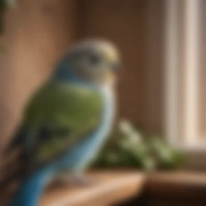 A close-up of a calm budgerigar resting in a cozy, quiet corner