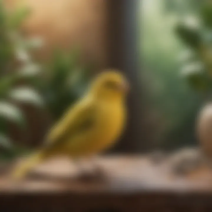 A tranquil setting featuring a soft-colored canary resting in a serene environment