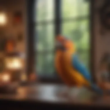 A cozy living space with pet birds, highlighting the importance of safety measures.