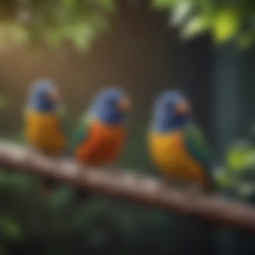 Colorful small pet birds perched on a branch