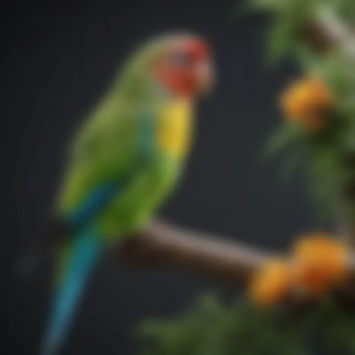 A colorful parakeet perched on a branch, showcasing its vibrant feathers and playful demeanor.