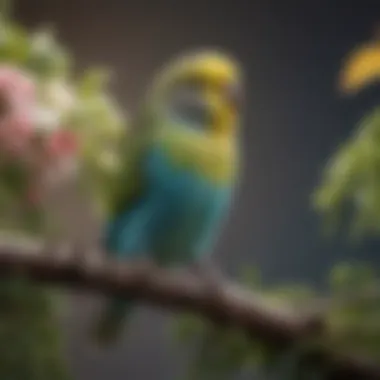 Colorful Budgerigar Displaying Vocal Talents A vibrant budgerigar perched on a branch, showcasing its colorful plumage.