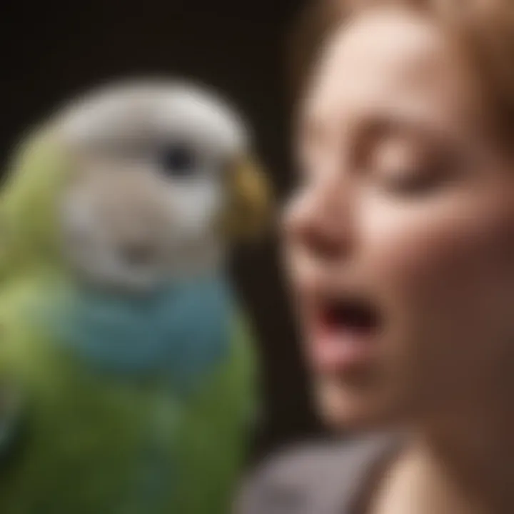 A close-up of a budgerigar singing, engaging with its owner