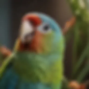 A colorful parakeet in a lively environment, chirping joyfully