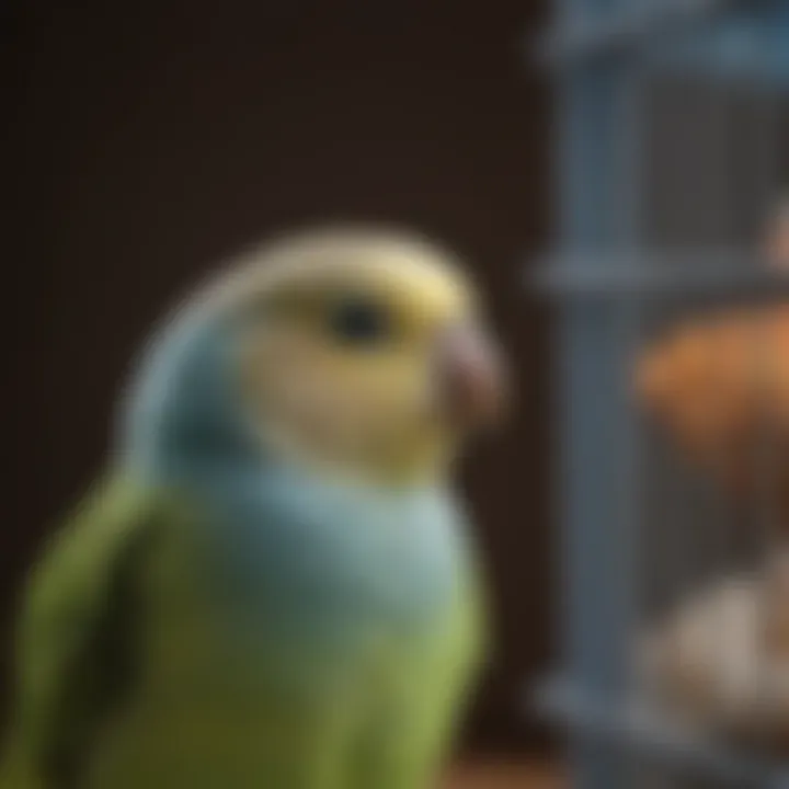 A serene budgerigar in a colorful cage, symbolizing companionship.