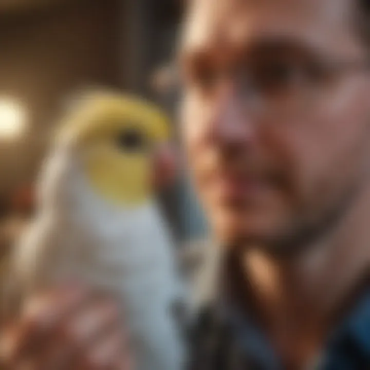 A close-up of a bird owner interacting gently with their pet cockatiel