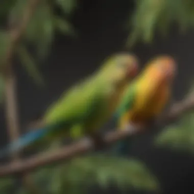 Vibrant Parakeets in Their Natural Habitat Colorful parakeets perched on a branch, displaying their vivid plumage