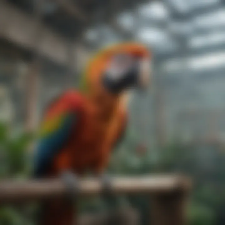 A majestic macaw in a large aviary, showcasing its impressive wingspan