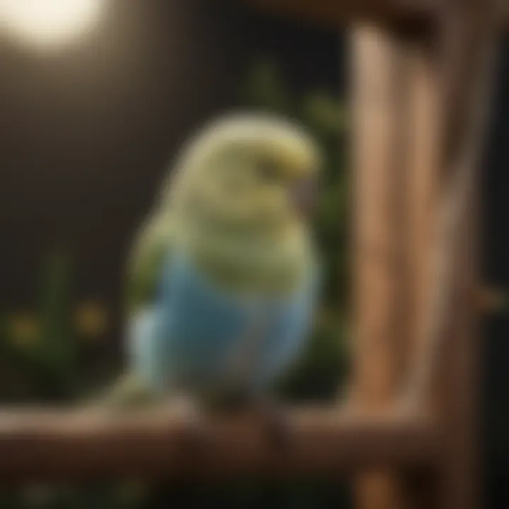 A charming budgerigar sitting on a swing, engaging with its owner.