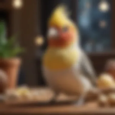The Cheerful Cockatiel: Whistling Wonder A lively cockatiel whistling cheerfully in a cozy environment.
