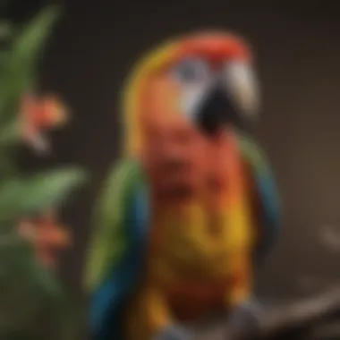 The Colorful Parrot: A Mimic of Nature A vibrant parrot perched on a branch, showcasing its colorful feathers.