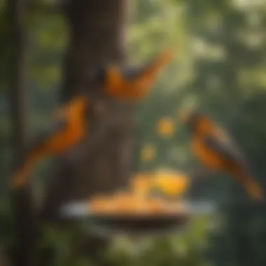 Close-up of orioles feeding on jelly from a vibrant feeder