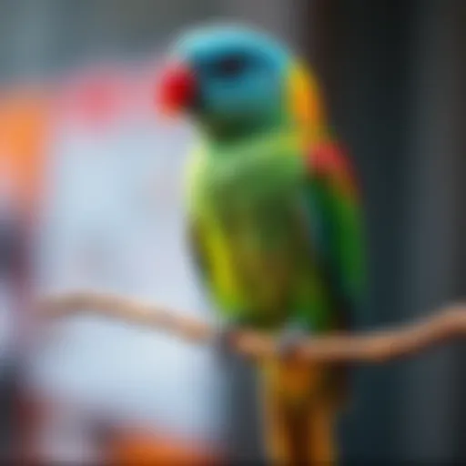 A vibrant small parrot perched on a colorful branch, showcasing its lively plumage.