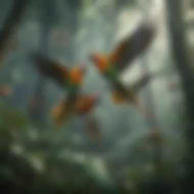 A flock of parrots flying over a lush rainforest.