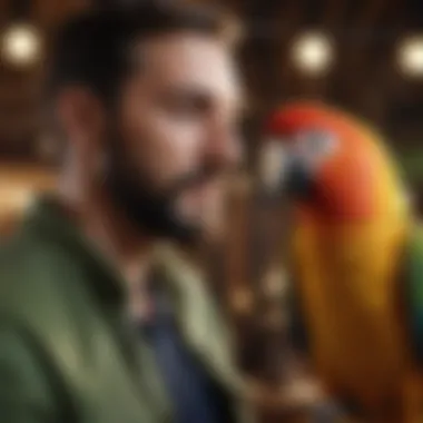 Interactive Moments with a Parrot An exotic parrot interacting with its owner in a cozy environment.