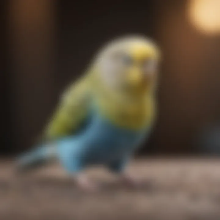 A serene budgie in a playful pose, bright and engaging