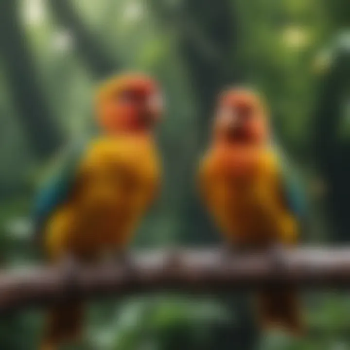 A vibrant array of colorful pet birds in a lush Bangalore setting