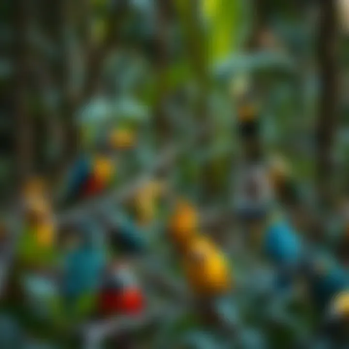 A vibrant forest filled with various bird species in their natural habitat