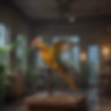 An indoor environment designed for pet parrots that encourages flight.