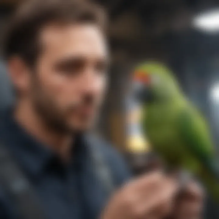 A trainer working with a parrot on flight skills, highlighting training techniques.