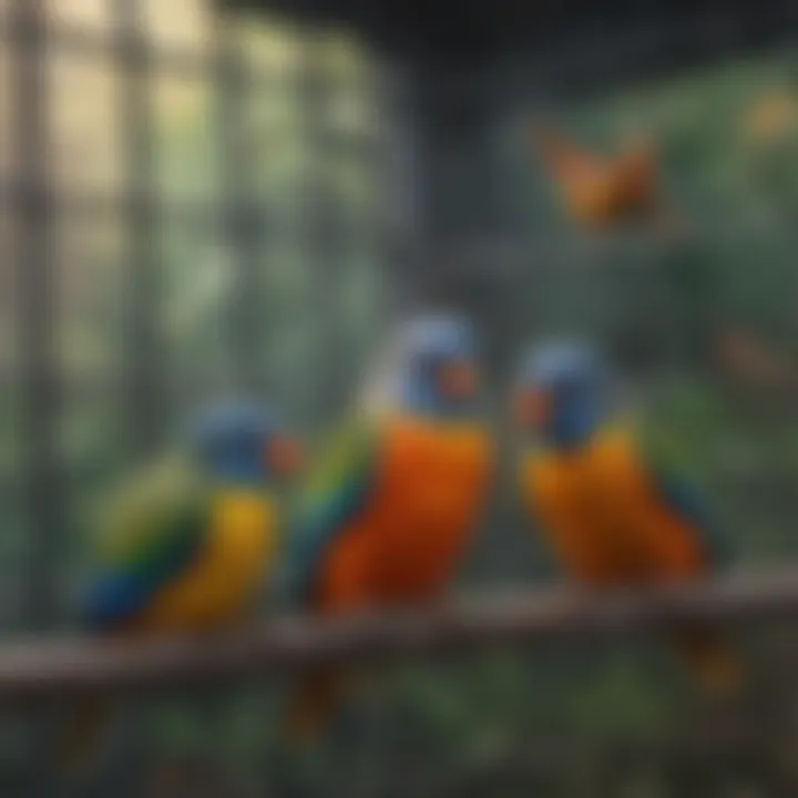Colorful birds enjoying their time in a horizontal cage.